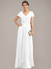 A-line V-Neck Floor-Length Chiffon Lace Mother of the Bride Dress With Beading Sequins Cascading Ruffles