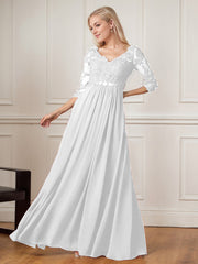 A-Line Floor-Length V-Neck Lace Chiffon Mother of the Bride Dress