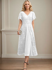 A-line V-Neck Tea-Length Lace Chiffon Mother of the Bride Dress