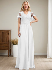 A-line V-Neck Floor-Length Lace Chiffon Mother of the Bride Dress With Sequins