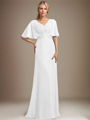 A-line V-Neck Floor-Length Chiffon Mother of the Bride Dress With Sequins Appliques Lace Pleated