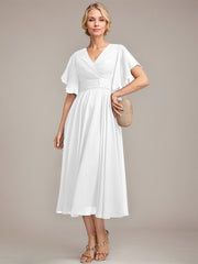 A-line V-Neck Tea-Length Chiffon Mother of the Bride Dress With Pleated Beading