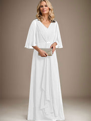 A-line V-Neck Floor-Length Chiffon Mother of the Bride Dress With Cascading Ruffles Crystal Brooch