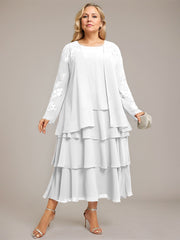 A-line Scoop Tea-Length Chiffon Mother of the Bride Dress With Cascading Ruffles