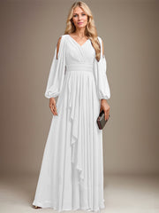 A-line Cold Shoulder V-Neck Floor-Length Chiffon Mother of the Bride Dress With Cascading Ruffles Beading