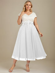 A-line V-Neck Tea-Length Satin Chiffon Mother of the Bride Dress With Appliques Lace