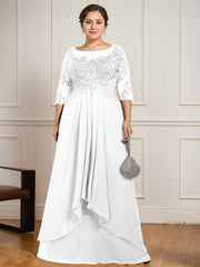 A-line Scoop Illusion Floor-Length Lace Chiffon Mother of the Bride Dress With Cascading Ruffles