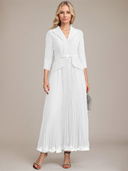 A-line Collared V-Neck Ankle-Length Chiffon Mother of the Bride Dress With Beading Pleated