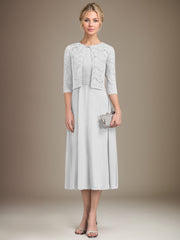 A-line Scoop Tea-Length Chiffon Mother of the Bride Dress With Pleated