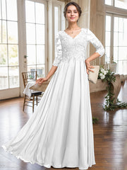 A-line V-Neck Floor-Length Lace Chiffon Mother of the Bride Dress With Sequins