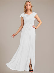 A-line Scoop Floor-Length Mesh Mother of the Bride Dress With Pleated Beading