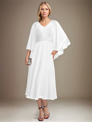 A-line V-Neck Tea-Length Chiffon Lace Mother of the Bride Dress With Sequins Beading