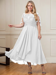 A-line Boat Neck Illusion Asymmetrical Lace Chiffon Mother of the Bride Dress With Cascading Ruffles Sequins