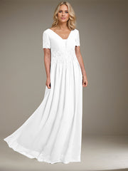 A-line V-Neck Floor-Length Chiffon Mother of the Bride Dress With Appliques Lace