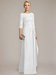 A-line Scoop Illusion Floor-Length Chiffon Lace Mother of the Bride Dress With Beading Sequins Cascading Ruffles