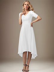 A-line V-Neck Asymmetrical Lace Chiffon Mother of the Bride Dress With Sequins