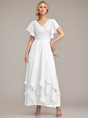 A-line V-Neck Ankle-Length Lace Chiffon Mother of the Bride Dress With Cascading Ruffles