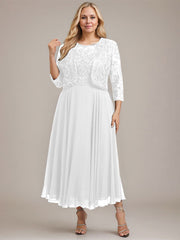 A-line Boat Neck Illusion Tea-Length Lace Chiffon Mother of the Bride Dress With Sequins