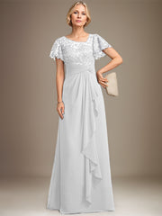 A-line Asymmetrical Illusion Floor-Length Lace Chiffon Mother of the Bride Dress With Cascading Ruffles Sequins