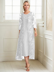 A-line Scoop Tea-Length Lace Chiffon Mother of the Bride Dress