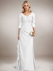 A-line V-Neck Floor-Length Lace Chiffon Mother of the Bride Dress With Cascading Ruffles