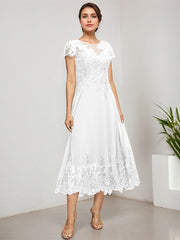 A-line Scoop Illusion Tea-Length Lace Chiffon Mother of the Bride Dress With Sequins