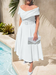 A-Line Off-The-Shoulder Tea-Length Chiffon Mother Of The Bride Dresses With Beading