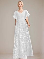 A-line V-Neck Floor-Length Lace Sequin Chiffon Mother of the Bride Dress With Pleated