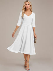 A-line V-Neck Tea-Length Chiffon Mother of the Bride Dress With Pleated