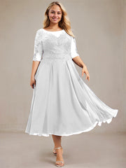 A-line Scoop Illusion Tea-Length Lace Chiffon Mother of the Bride Dress With Sequins