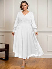 A-line V-Neck Tea-Length Chiffon Mother of the Bride Dress With Pleated