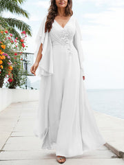 A-Line V-Neck Floor-Length Chiffon Mother Of The Bride Dresses With Appliques Lace