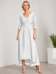 A-line V-Neck Asymmetrical Chiffon Lace Mother of the Bride Dress With Pleated Beading