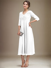 A-line V-Neck Tea-Length Chiffon Lace Mother of the Bride Dress With Beading