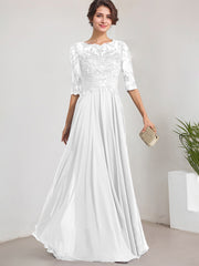A-line Scoop Illusion Floor-Length Lace Chiffon Mother of the Bride Dress With Pleated Sequins