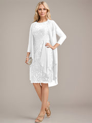 Sheath/Column Scoop Illusion Knee-Length Lace Chiffon Mother of the Bride Dress With Cascading Ruffles Sequins