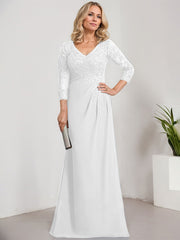 Sheath/Column V-Neck Illusion Floor-Length Lace Chiffon Mother of the Bride Dress With Pleated Sequins