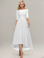 A-line Illusion Boat Neck Asymmetrical Chiffon Lace Mother of the Bride Dress With Sequins Beading