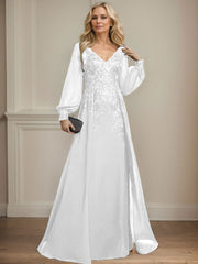 A-Line V-Neck Long Sleeves Floor-Length Chiffon Mother Of The Bride Dresses With Lace