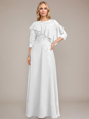 A-line Scoop Illusion Floor-Length Chiffon Lace Mother of the Bride Dress With Ruffle Sequins Beading
