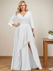 A-line V-Neck Floor-Length Chiffon Mother of the Bride Dress With Cascading Ruffles