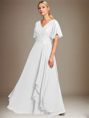 A-line V-Neck Floor-Length Lace Chiffon Mother of the Bride Dress With Cascading Ruffles Sequins