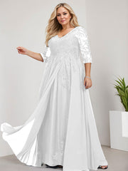 A-line V-Neck Floor-Length Lace Chiffon Mother of the Bride Dress With Sequins