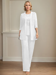 Jumpsuit/Pantsuit Separates Scoop Floor-Length Chiffon Lace Mother of the Bride Dress With Sequins