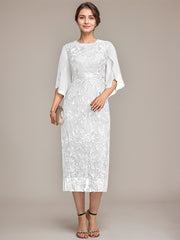 Sheath/Column Scoop Tea-Length Lace Chiffon Mother of the Bride Dress