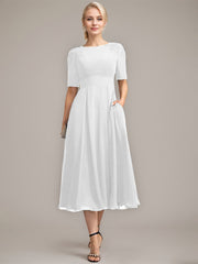 A-line Scoop Tea-Length Chiffon Mother of the Bride Dress With Appliques Lace Sequins