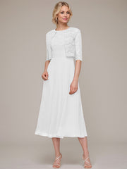 A-line/Princess Scoop Tea-Length Chiffon Mother of the Bride Dress With Lace Jacket