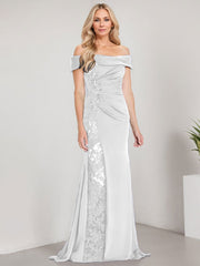 A-Line Off the Shoulder Floor-Length Chiffon Mother of the Bride Dress Applique Beadings Mermaid Dress With  High Split