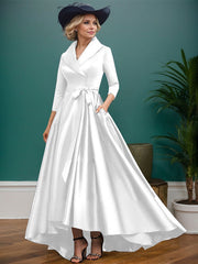 A-Line V-Neck 3/4 Sleeves Satin Mother Of The Bride Dresses With Pockets
