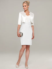 Sheath/Column V-Neck Knee-Length Satin Mother of the Bride Dress With Jacket Appliqued
